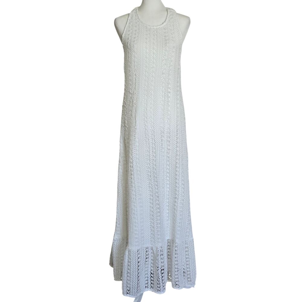 En Creme White Crochet Knit Halter Maxi Dress Boho Beach Size S